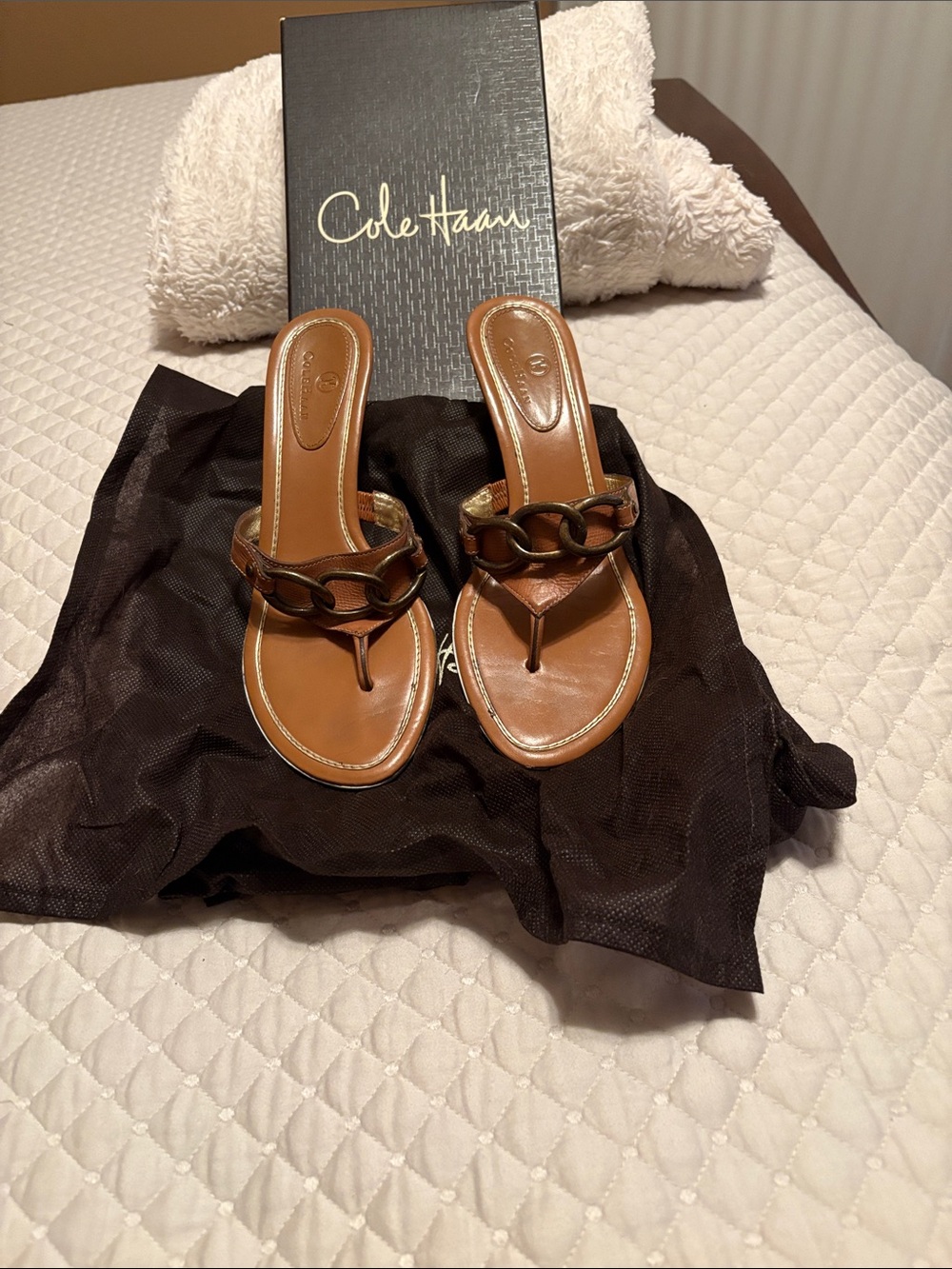 Cole Haan Brown Leather Chain-Accent Thong Sandals